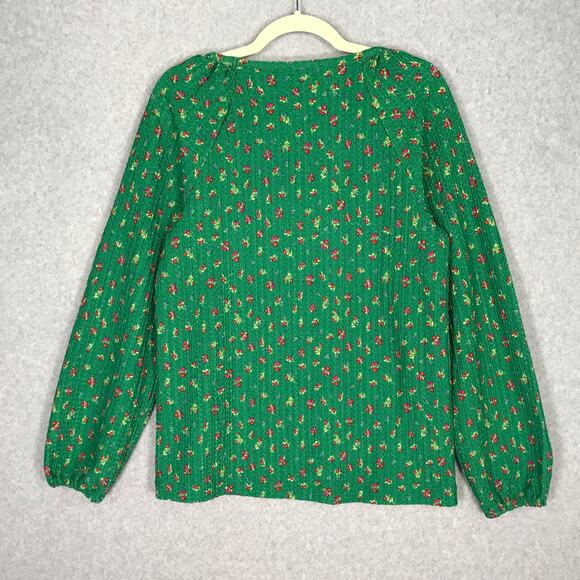 Loft Top Women Medium Green Ditsy Floral Waffle Shirt Basic Cottage Grandma Knit - Picture 9 of 9